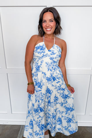 Summer in Bloom Halter Midi Dress in Blue Floral Medium Summer in Bloom Halter Midi Dress in Blue Floral Medium
