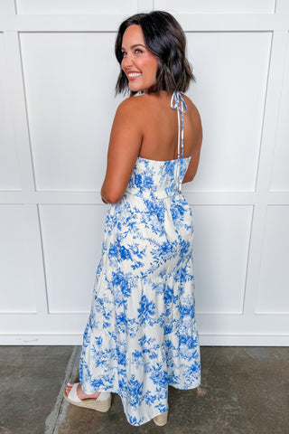 Summer in Bloom Halter Midi Dress in Blue Floral