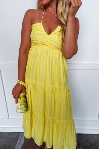 Summer In Bloom Halter Midi Dress in Lemon