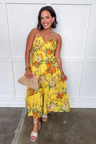 Summer in Bloom Halter Midi Dress in Yellow Floral