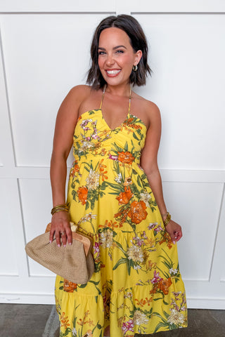 Summer in Bloom Halter Midi Dress in Yellow Floral Small Summer in Bloom Halter Midi Dress in Yellow Floral Small