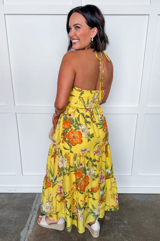 Summer in Bloom Halter Midi Dress in Yellow Floral