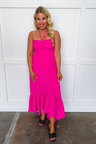 After Hours Halter Midi Dress in Fuchsia