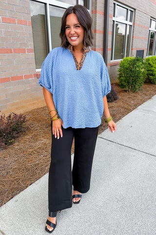 Wild Side Chic Textured Top in Denim Blue