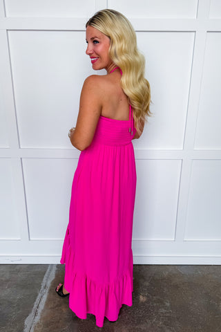 After Hours Halter Midi Dress in Fuchsia