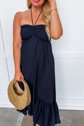 After Hours Halter Midi Dress in Black
