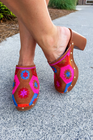 Crochet Charm Pink Multi Color Clog Heel
