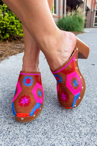 Crochet Charm Pink Multi Color Clog Heel