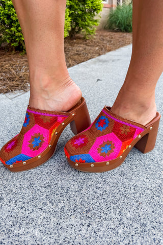 Crochet Charm Pink Multi Color Clog Heel