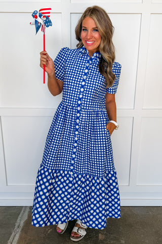The Jema Midi Dress in Navy Gingham by Mary Square