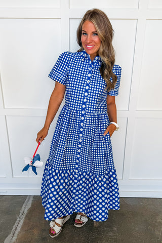 The Jema Midi Dress in Navy Gingham by Mary Square