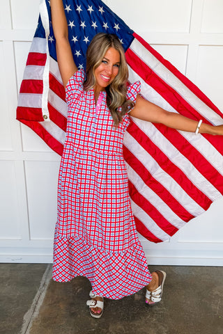The Riley Midi Dress in Red/Blue Gingham by Mary Square
