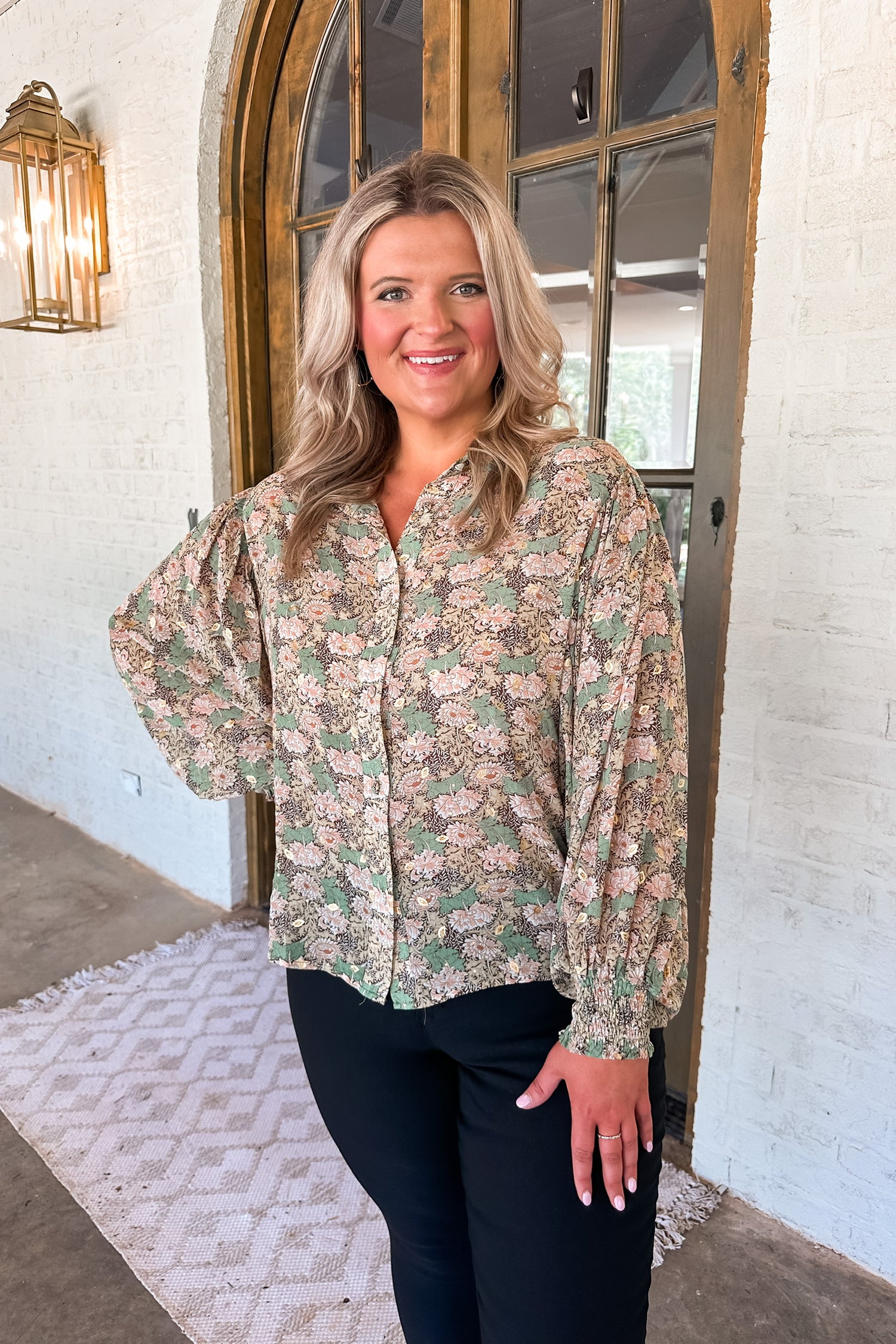 Green Floral Print Blouse with Metallic Gold Foil