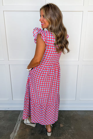 The Riley Midi Dress in Red/Blue Gingham by Mary Square