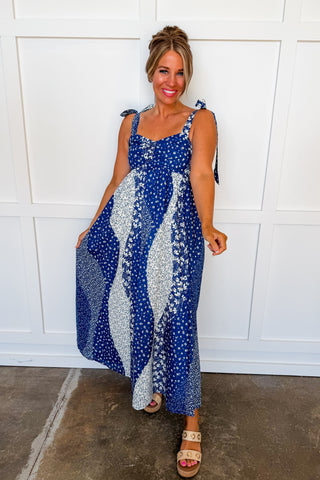 Americana Patchwork Maxi Dress in Blue