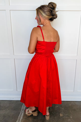 Center Stage Bow Midi Dress in Red