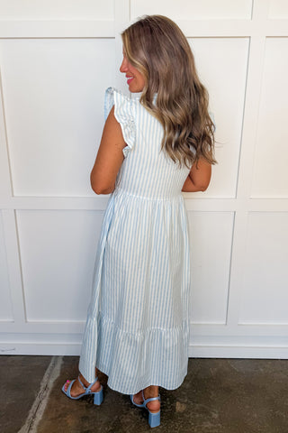 The Riley Midi Dress in Blue Pin Stripe by Mary Square