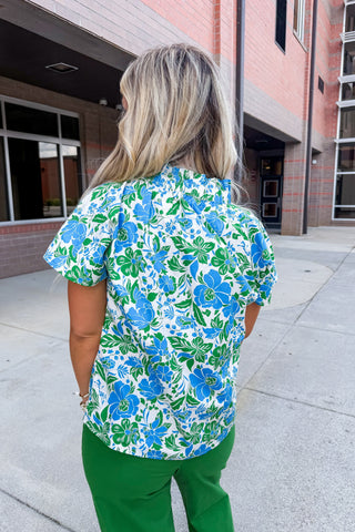 The Bridget Blue & Green Floral Notch Neck Top