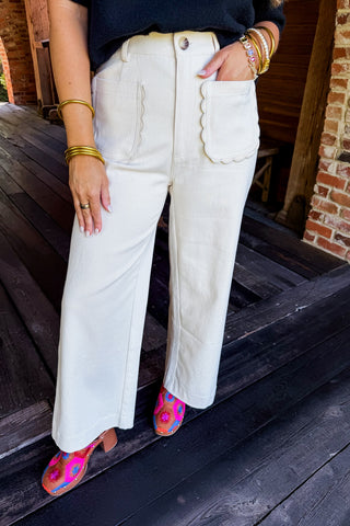 Sweetheart Wide Leg Scallop Pants in Ecru