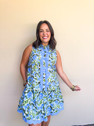 Hydrangea Scalloped Blue Trim Dress