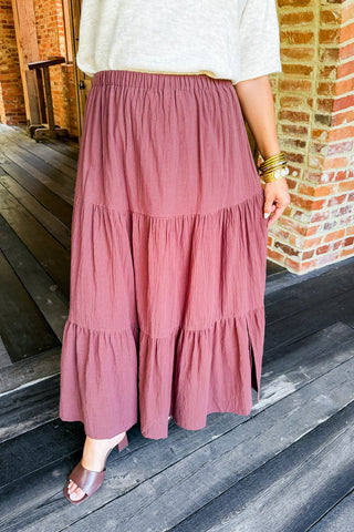 The Hazel Tiered Midi Skirt In Chocolate Brown