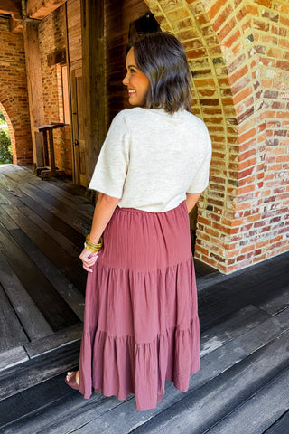The Hazel Tiered Midi Skirt In Chocolate Brown