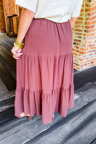 The Hazel Tiered Midi Skirt In Chocolate Brown