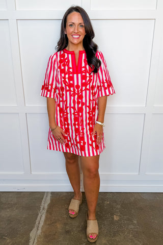 The Charlotte Dress With Embroidered Details in Red