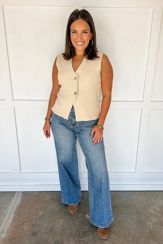 Textured Gold Button Down V Neck Sweater Vest in Taupe