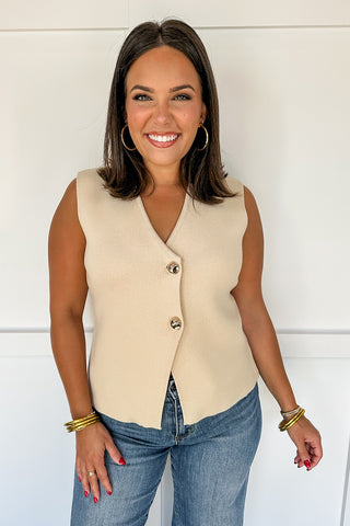 Textured Gold Button Down V Neck Sweater Vest in Taupe