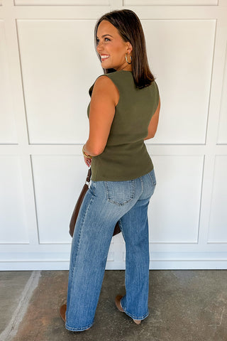 Textured Gold Button Down V Neck Sweater Vest in Olive