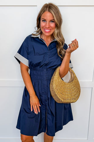 Sail Away Stripe Collar Dress in Navy