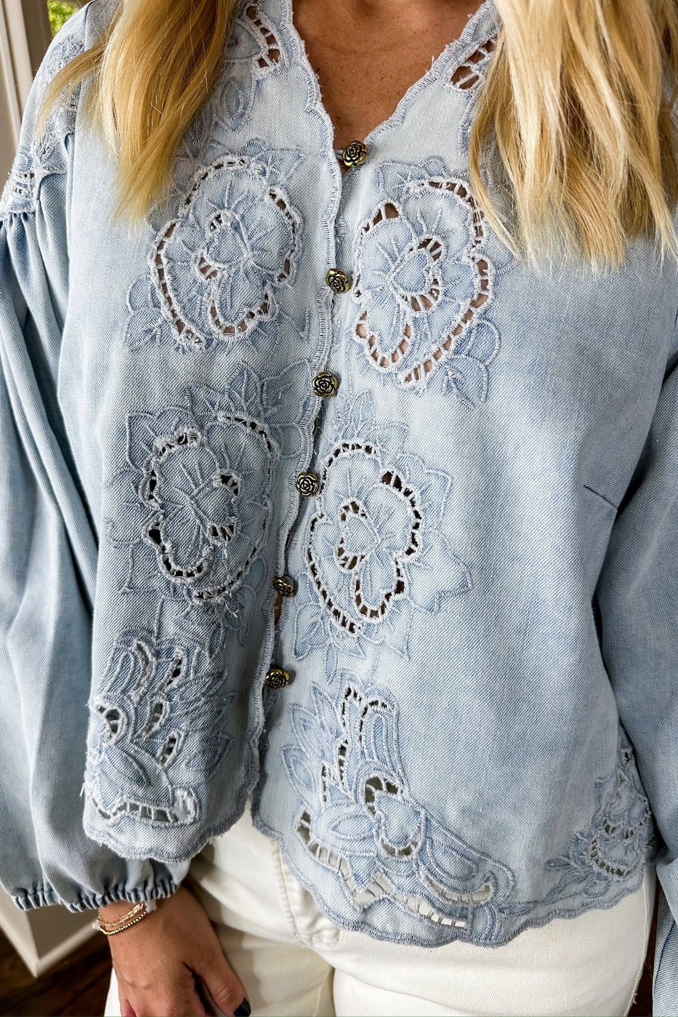 Chambray Floral Eyelet Flower Loop Button Top