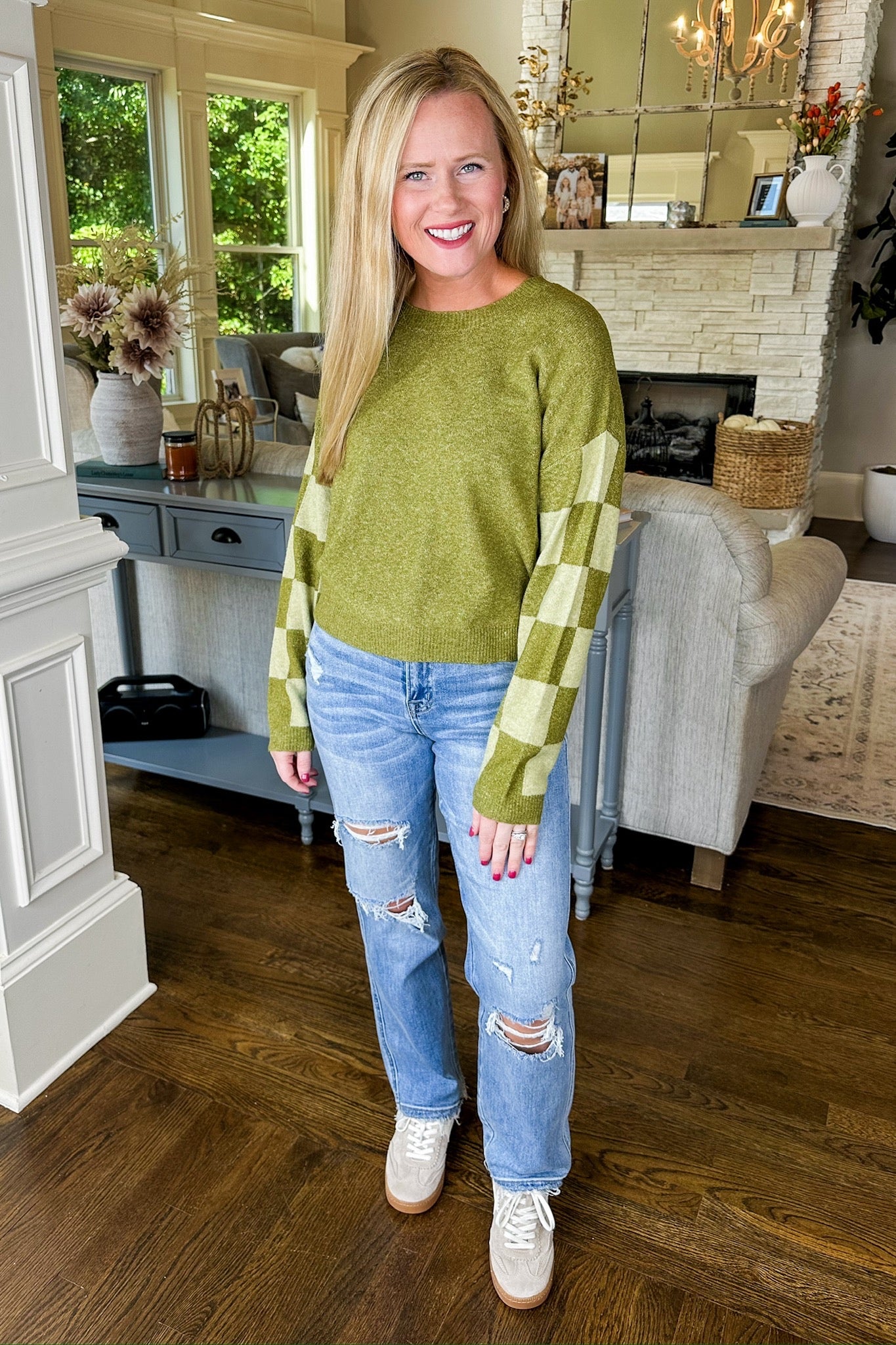 Checkered Sleeve Cropped Knit Sweater in Olive