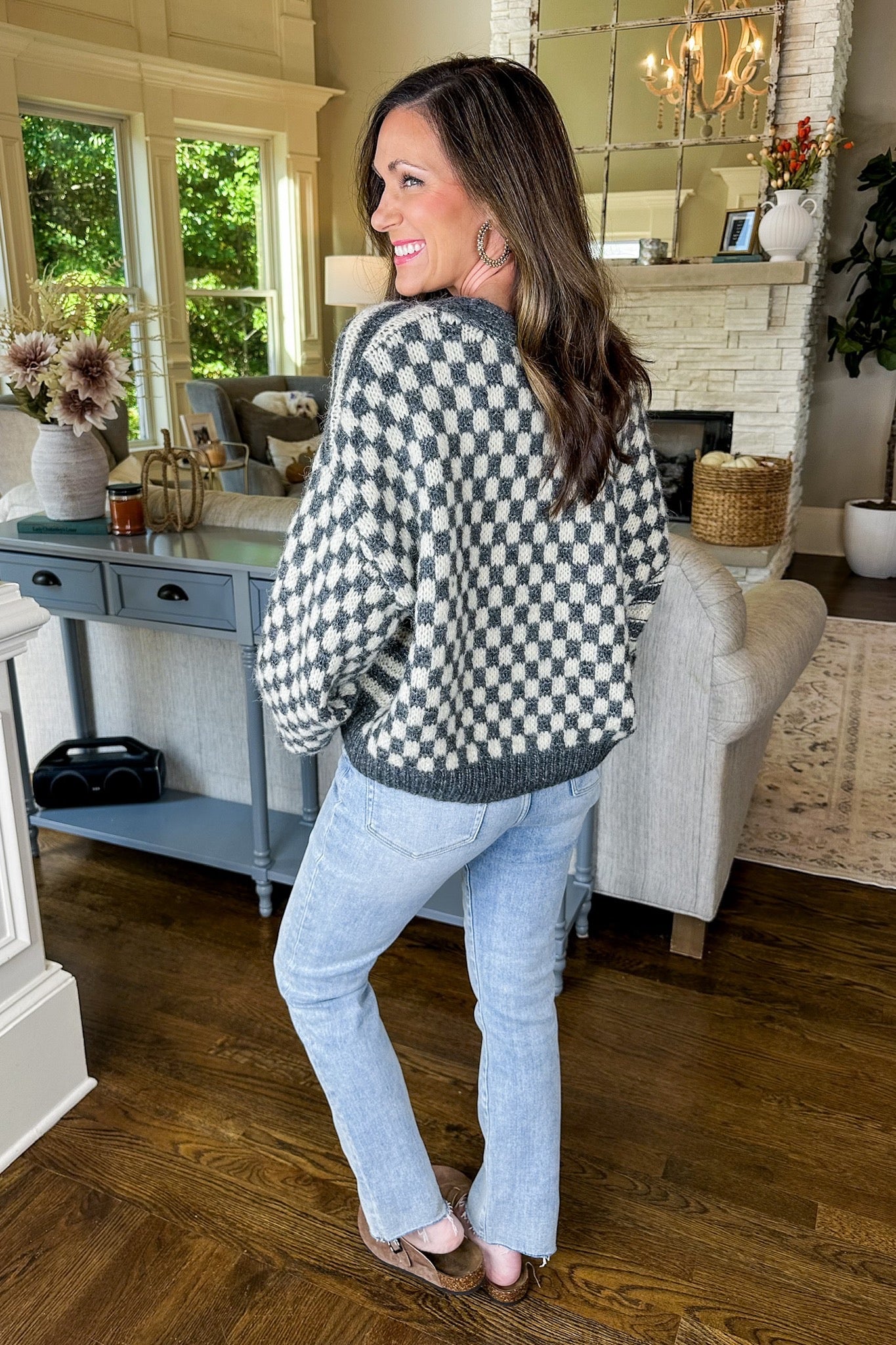 Checkered & Striped Button Down Cropped Knit Sweater in Charcoal