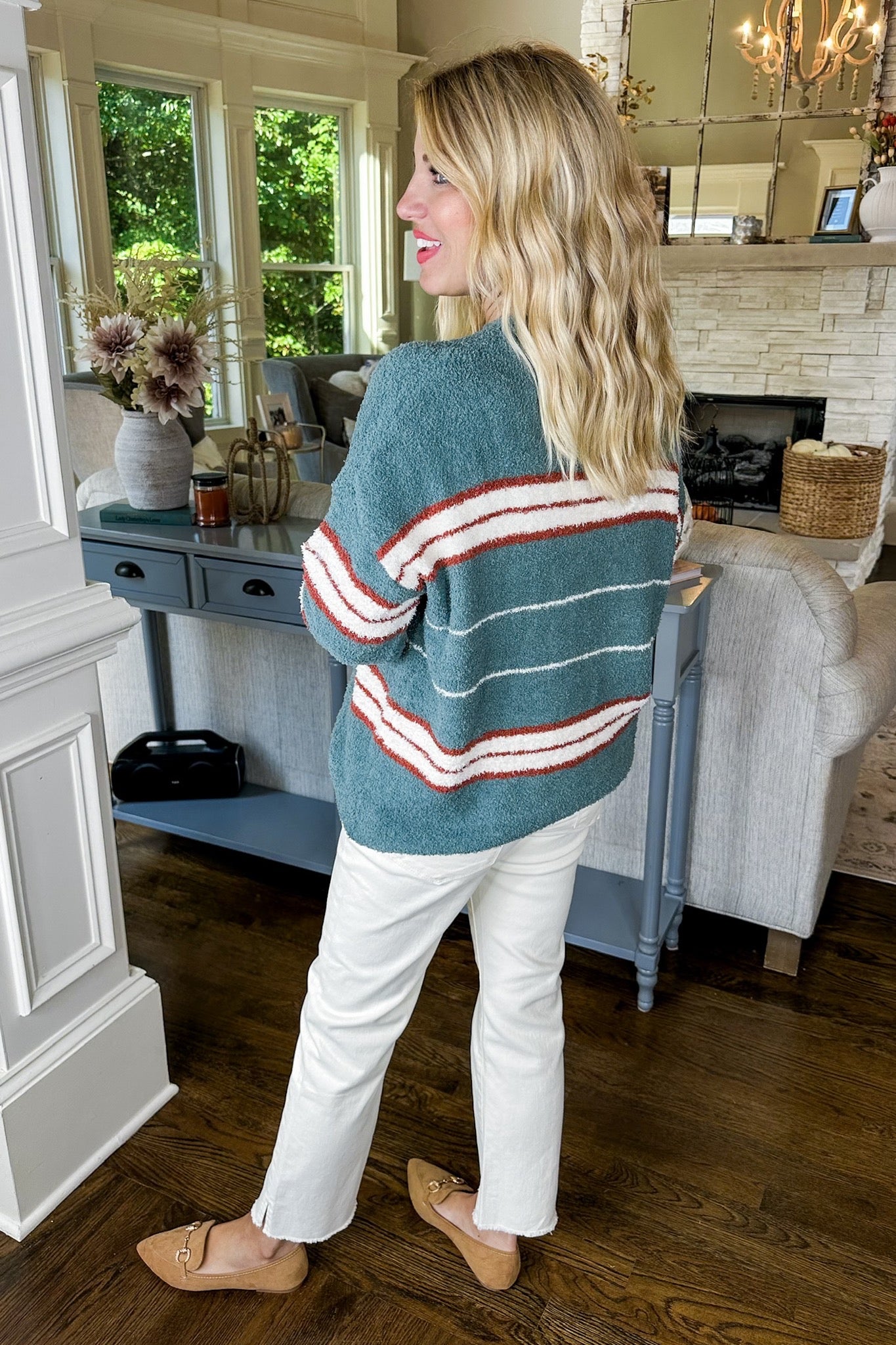 Oversized Teal/Ivory/Rust Striped Soft Teddy Sweater