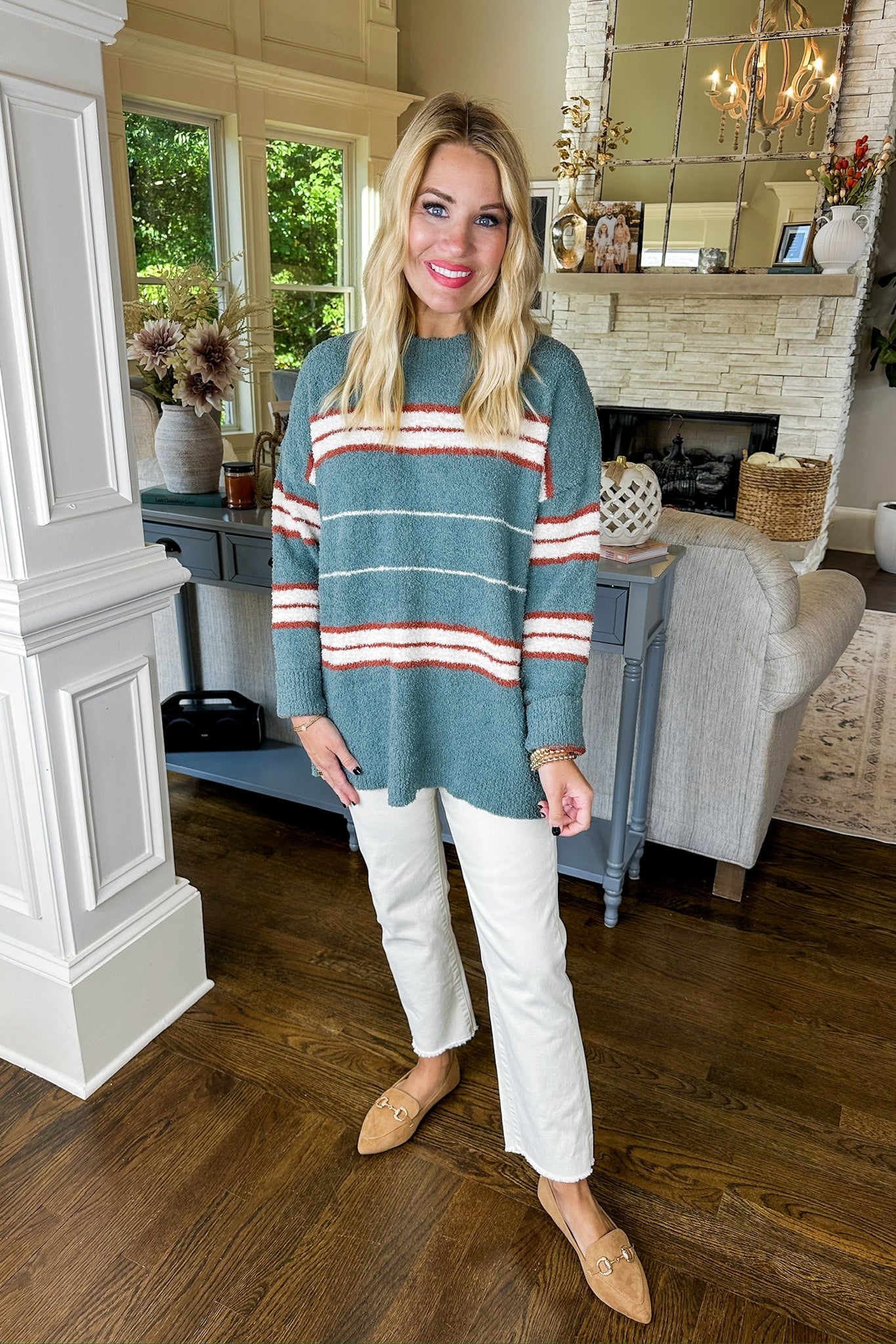 Oversized Teal/Ivory/Rust Striped Soft Teddy Sweater