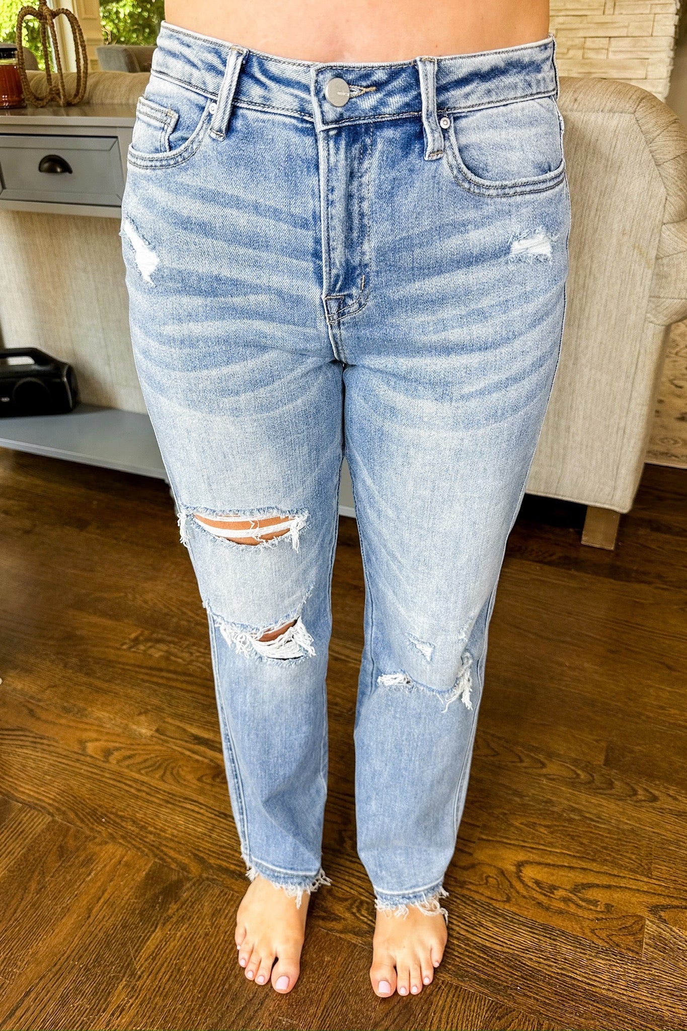 Distressed Light Wash High Rise Straight Leg Mica Jean