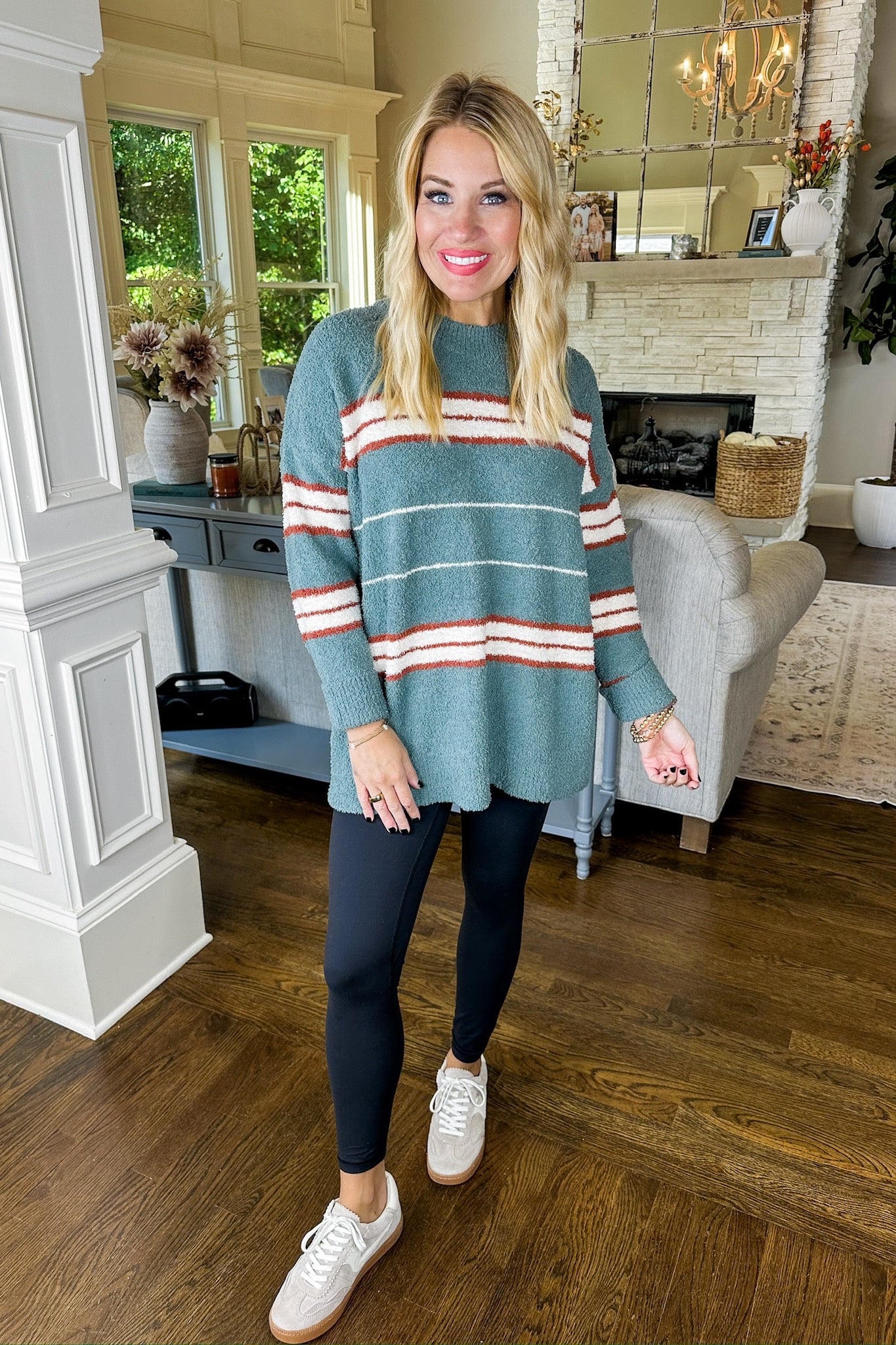 Oversized Teal/Ivory/Rust Striped Soft Teddy Sweater