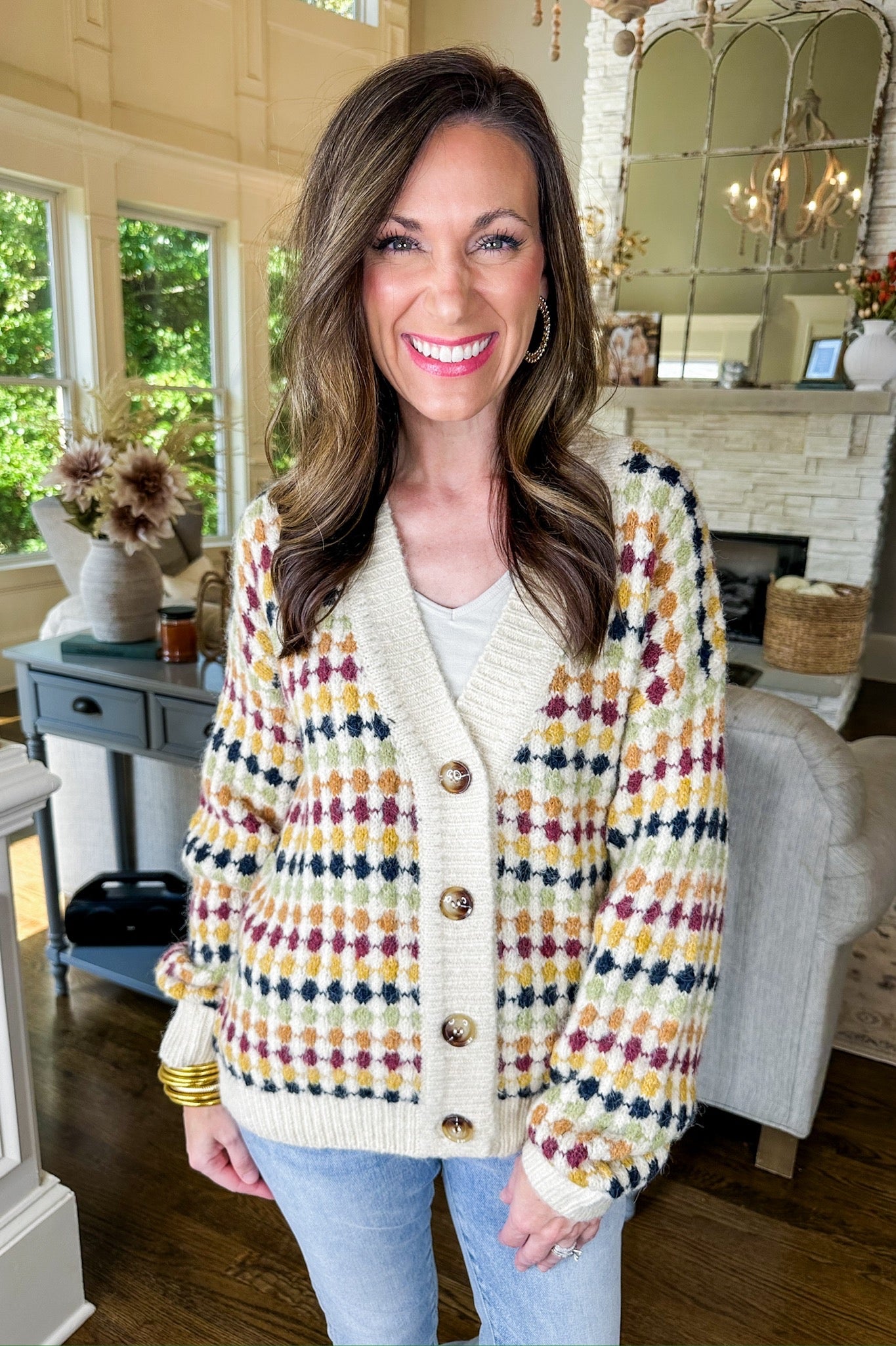 Multi Color Diamond Striped Button Down Sweater Cardigan