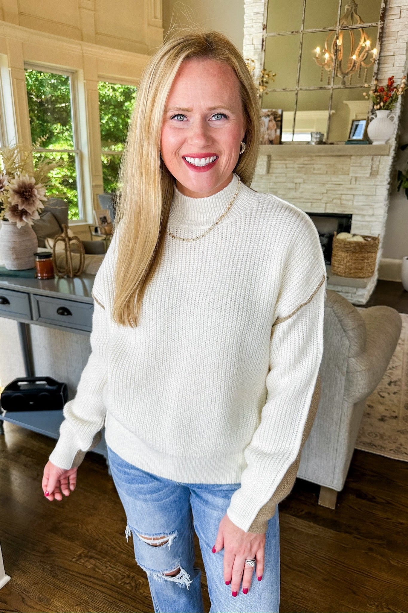 Two Toned Ivory/Mocha Exposed Seam Knit Sweater