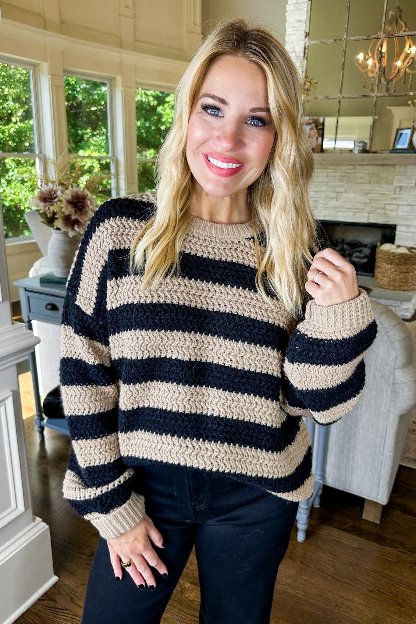 Oversized Chunky Knit Black & Taupe Striped Sweater