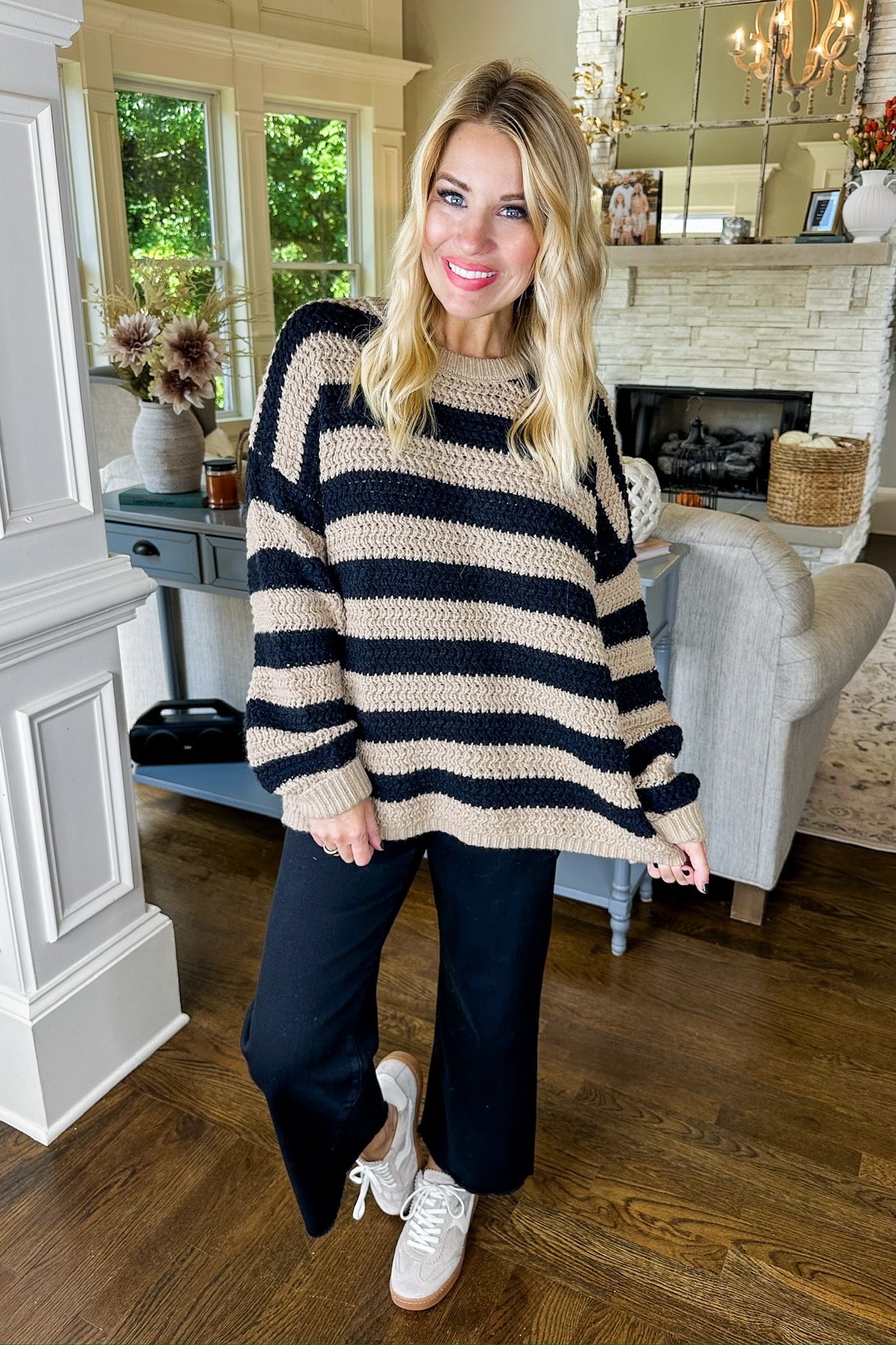 Oversized Chunky Knit Black & Taupe Striped Sweater