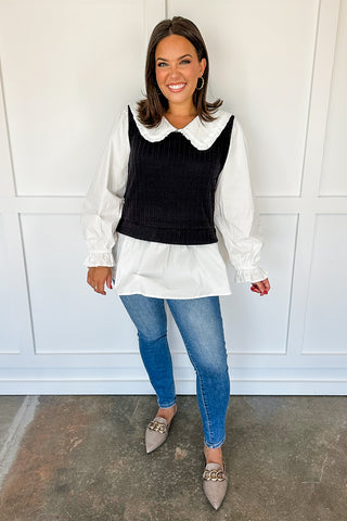 Feminine Flare White & Black Blouse Top