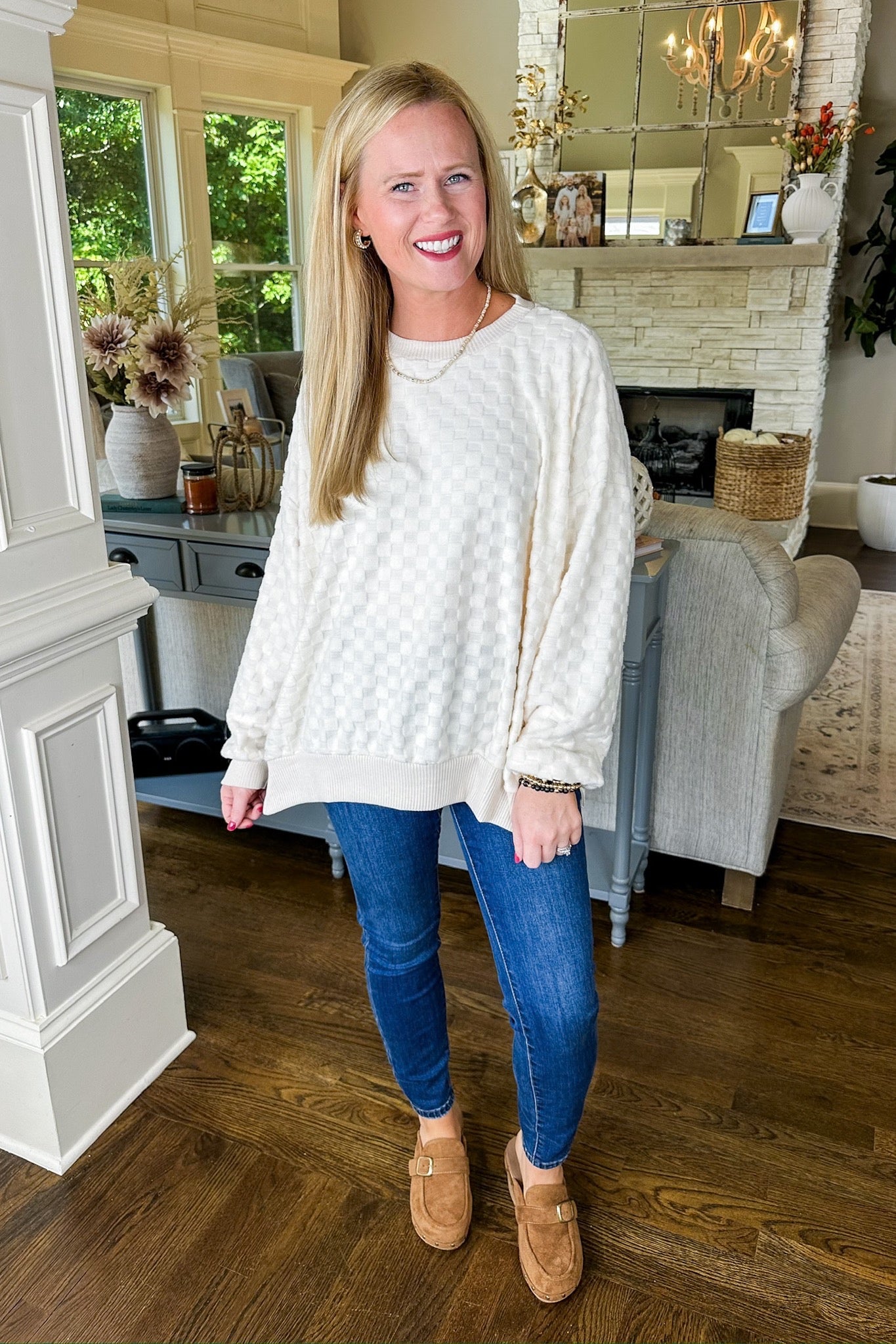 Soft Textured Ivory Checkered Long Sleeve Top