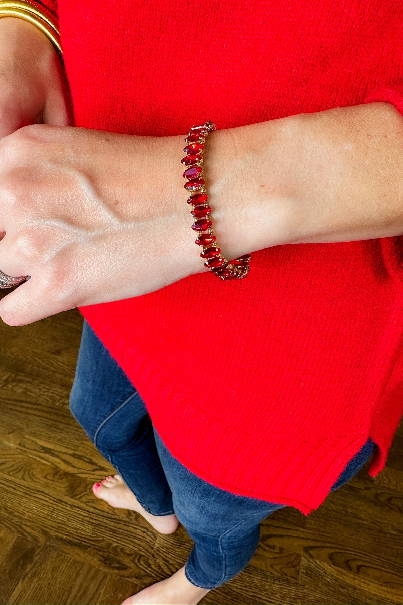 Red Opal Marque Crystal Stretchy Gold Bracelet