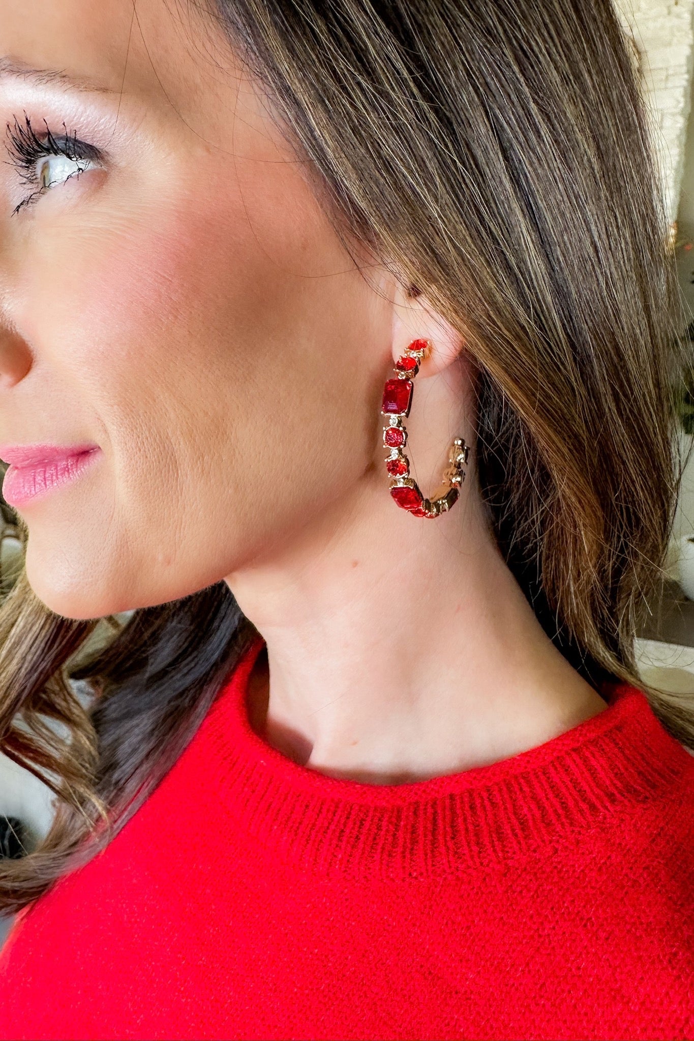 Mixed Red Crystal Gold Hoop Earring