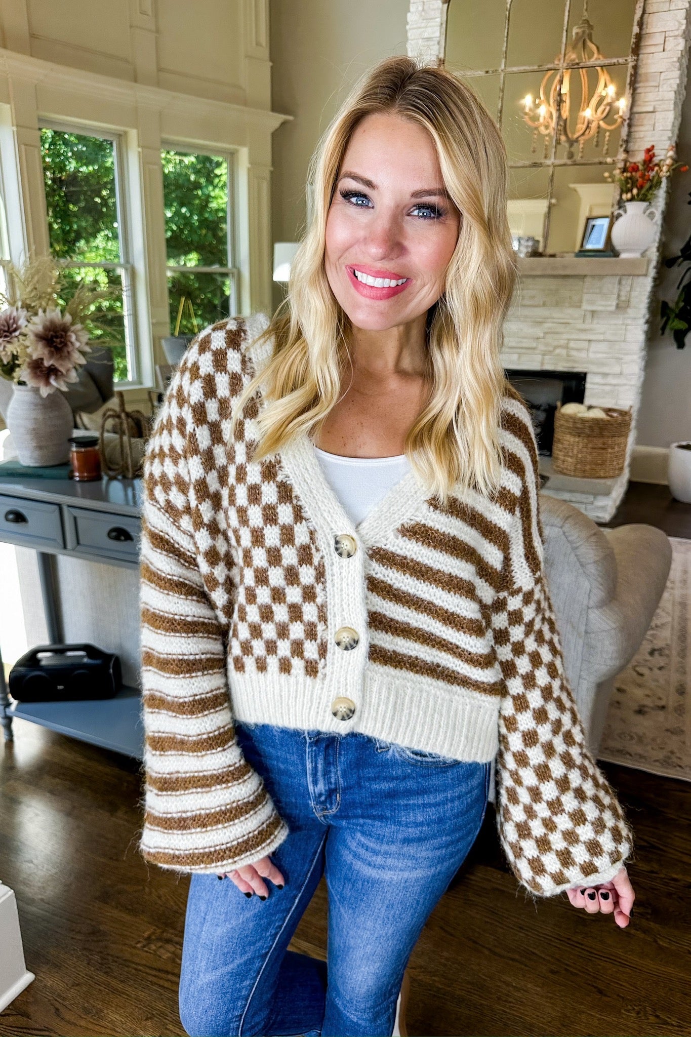 Checkered & Striped Button Down Cropped Knit Sweater in Brown