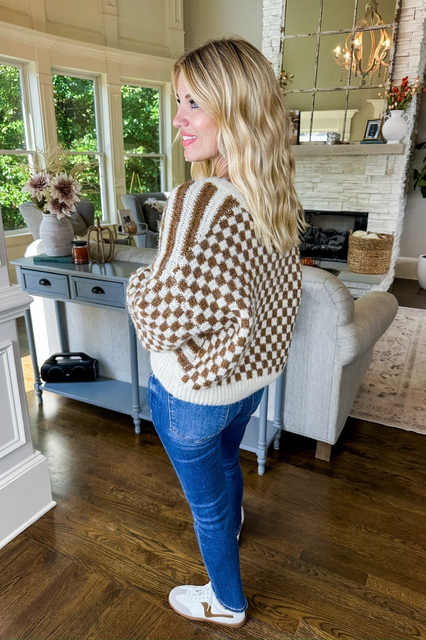 Checkered & Striped Button Down Cropped Knit Sweater in Brown