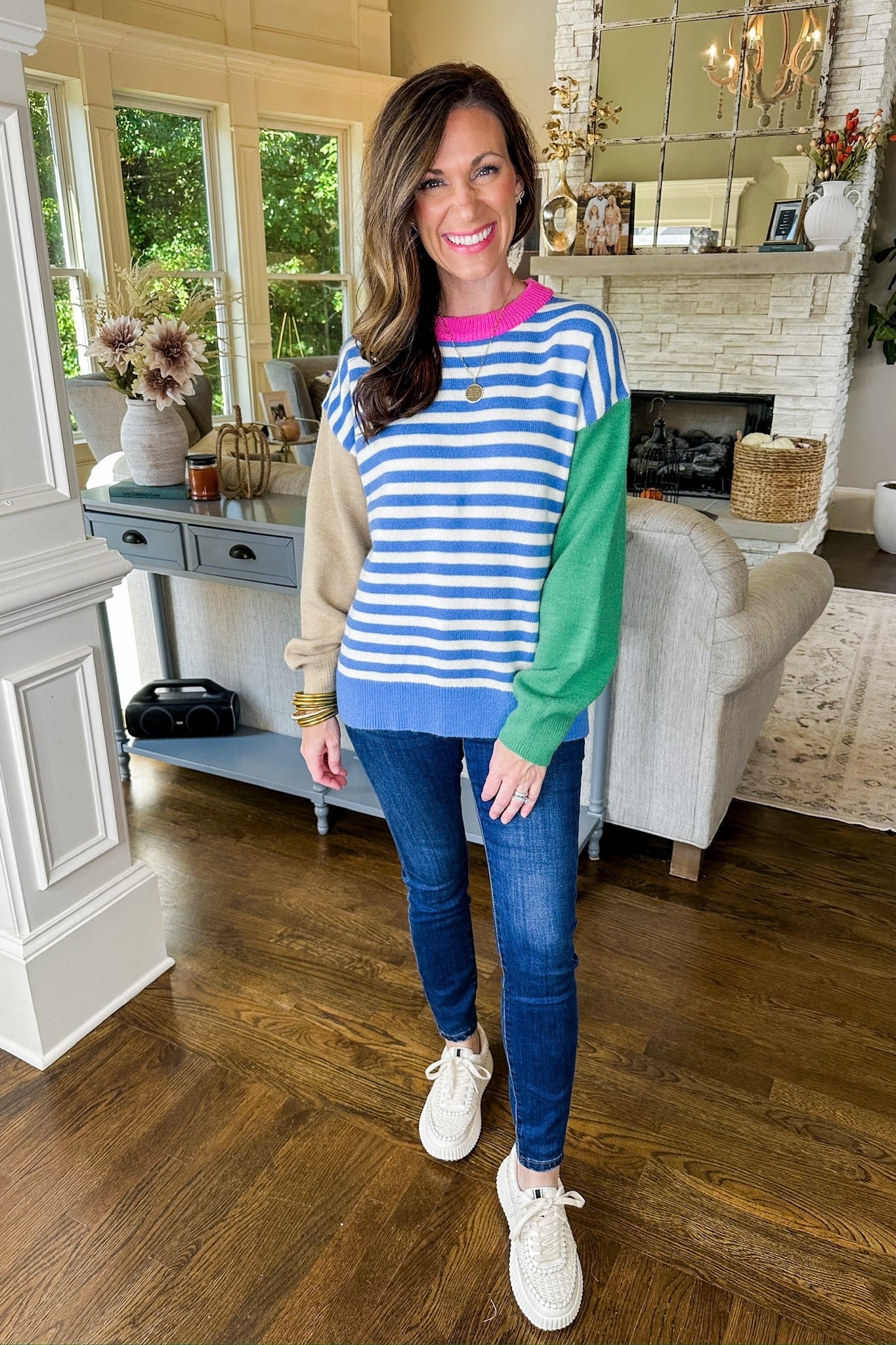 Multi Color Block Sleeve Blue & White Striped Knit Sweater